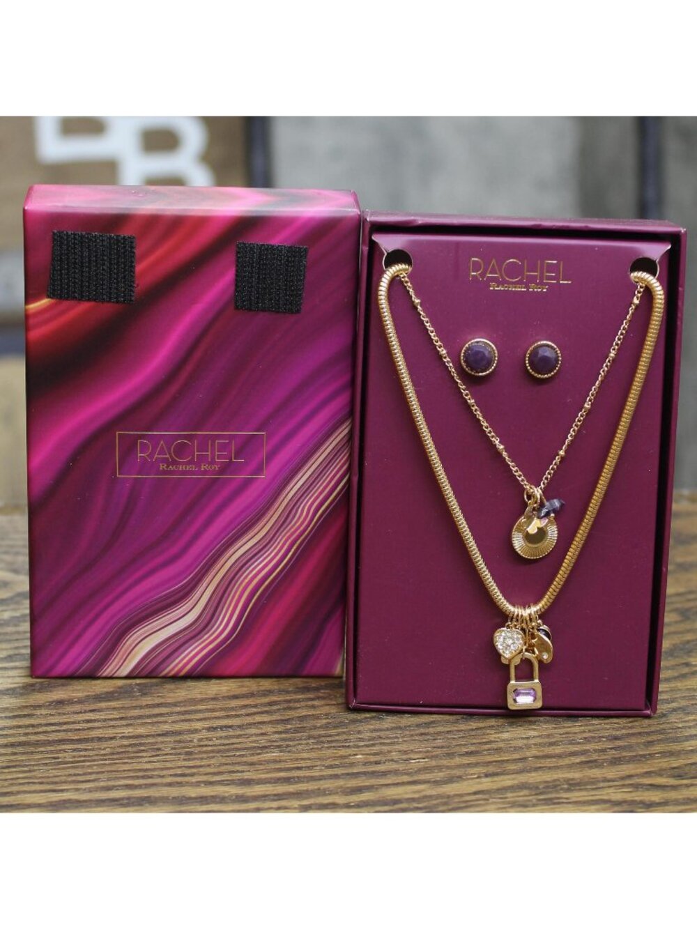 NWT Rachel Roy Dainty Chain Necklace Stone Earring Set Gold / Purple 16" + 3" - Picture 1 of 2